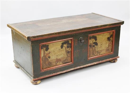 An antique painted pine chest, W. 2ft 1in. D. 1ft 11in. H. 1ft 9.25in.